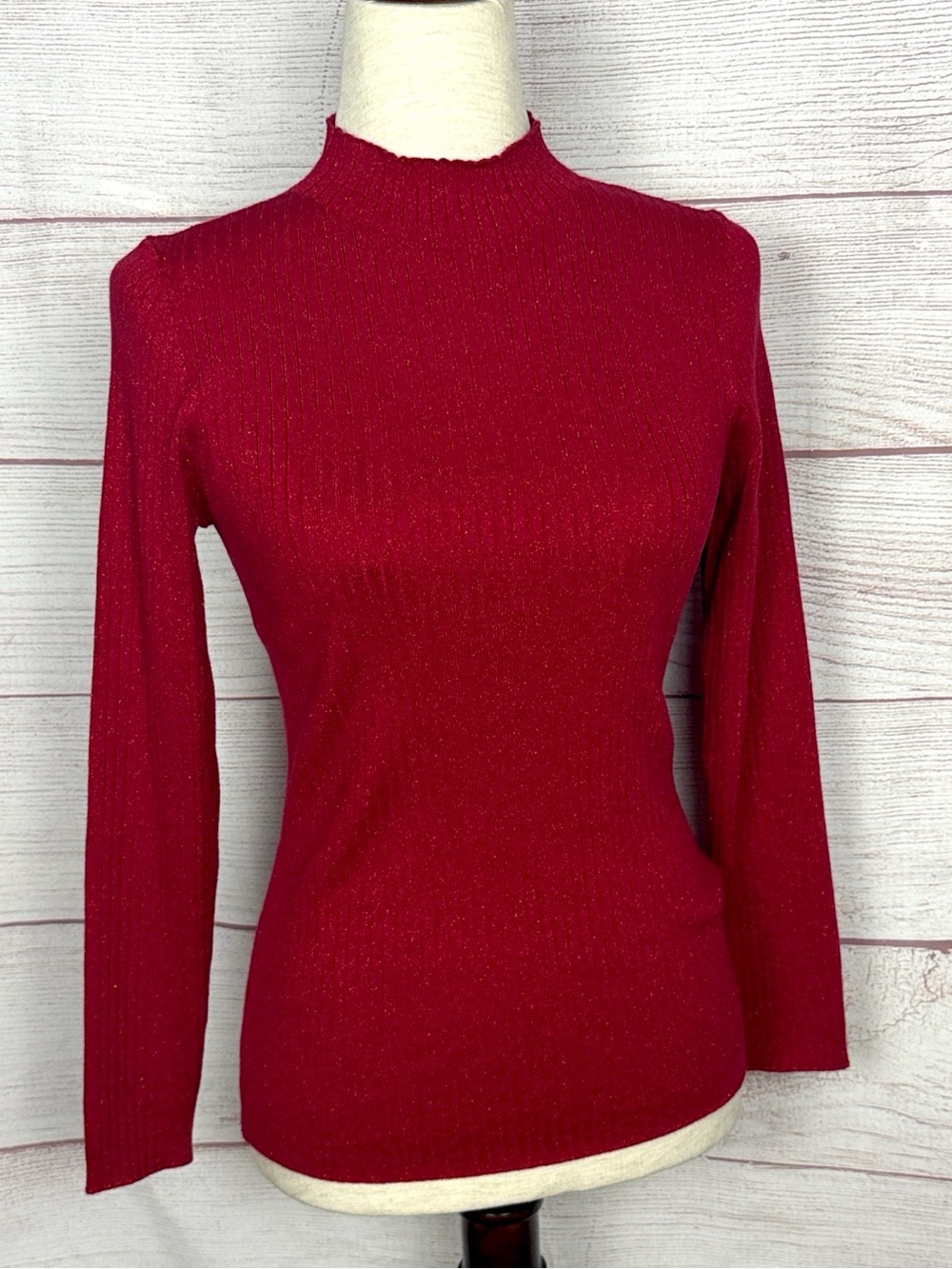 NWT J. McLaughlin Sweater Red Metallic Mock Neck Rib Knit Long Sleeve Sylvana S